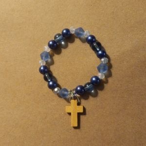 Blue Bracelet with Wooden Cross Charm